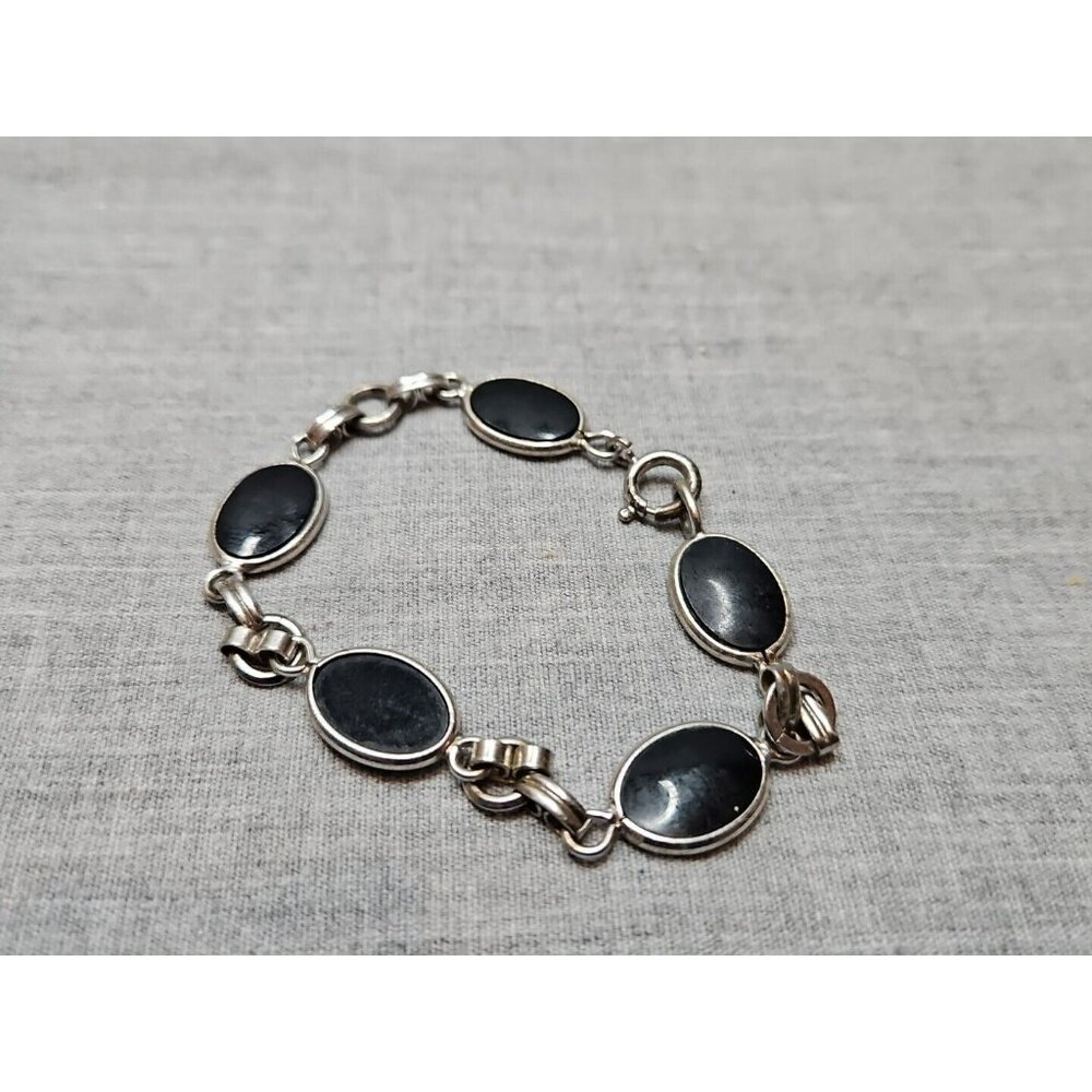 Vintage Silver Tone Onyx Tone Bracelet Chain, 8''